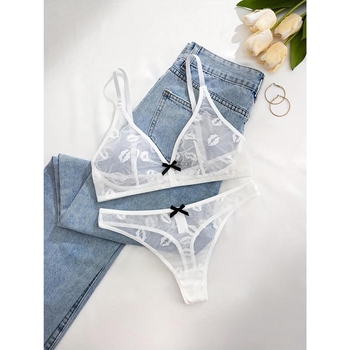 Σετ σουτιέν με δαντελένιο πλέγμα, cups τύπου αυτιών κουνελιού, διακόσμηση με φιόγκο, περιεκτικότητα σε νάιλον κάτω από 30%, επένδυση από βαμβάκι