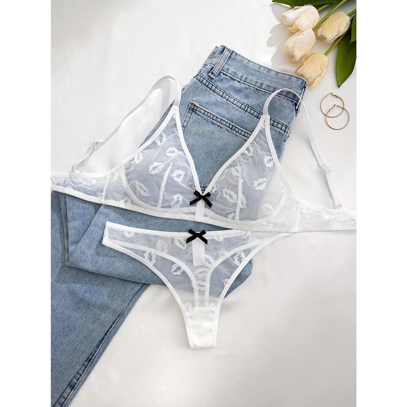 Σετ σουτιέν με δαντελένιο πλέγμα, cups τύπου αυτιών κουνελιού, διακόσμηση με φιόγκο, περιεκτικότητα σε νάιλον κάτω από 30%, επένδυση από βαμβάκι