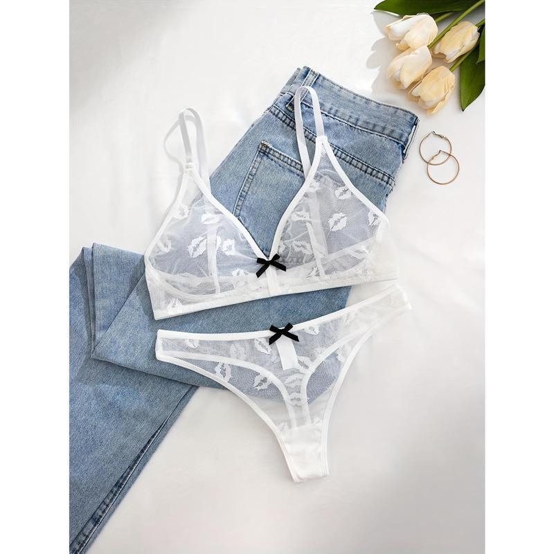 Σετ σουτιέν με δαντελένιο πλέγμα, cups τύπου αυτιών κουνελιού, διακόσμηση με φιόγκο, περιεκτικότητα σε νάιλον κάτω από 30%, επένδυση από βαμβάκι