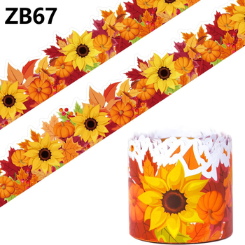 Rudens tematikos plakatų juosta su saulėgrąžų, klevų lapų ir moliūgo motyvais; medžiaga: padengtas popieriaus lipdukas; ilgis: 10 m; formos: kvadratas, apskritimas, nereguliarios; prekės kodas ZB67