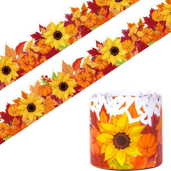 Rudens tematikos plakatų juosta su saulėgrąžų, klevų lapų ir moliūgo motyvais; medžiaga: padengtas popieriaus lipdukas; ilgis: 10 m; formos: kvadratas, apskritimas, nereguliarios; prekės kodas ZB67