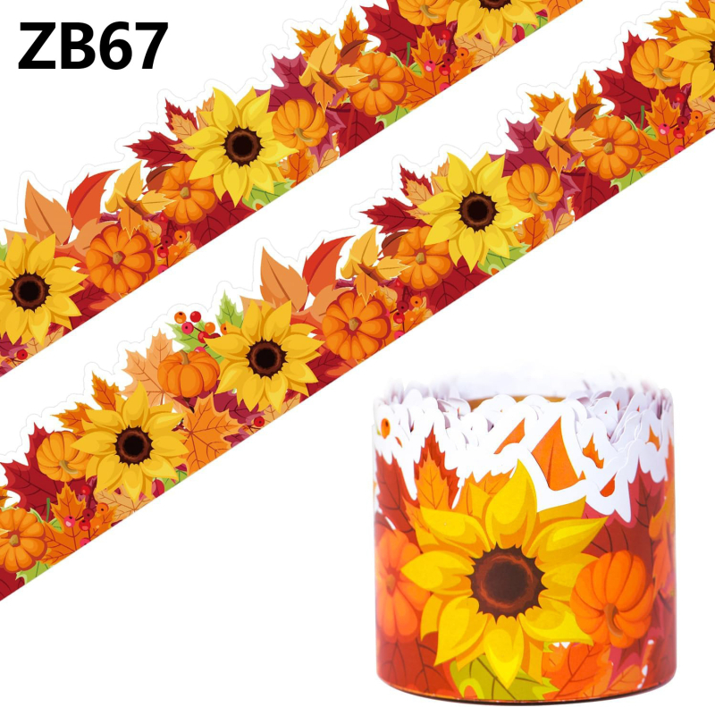 Rudens tematikos plakatų juosta su saulėgrąžų, klevų lapų ir moliūgo motyvais; medžiaga: padengtas popieriaus lipdukas; ilgis: 10 m; formos: kvadratas, apskritimas, nereguliarios; prekės kodas ZB67