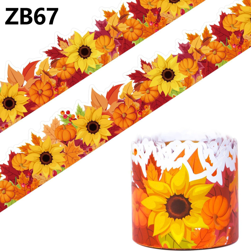 Rudens tematikos plakatų juosta su saulėgrąžų, klevų lapų ir moliūgo motyvais; medžiaga: padengtas popieriaus lipdukas; ilgis: 10 m; formos: kvadratas, apskritimas, nereguliarios; prekės kodas ZB67