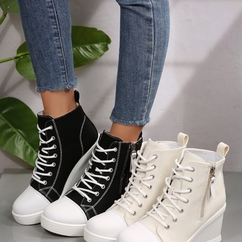 Pantofi dama din pânză cu toc în formă de wedge și înălțime deasupra gleznelor, respirabili, șireturi, vară, casual