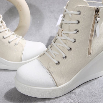 Pantofi dama din pânză cu toc în formă de wedge și înălțime deasupra gleznelor, respirabili, șireturi, vară, casual