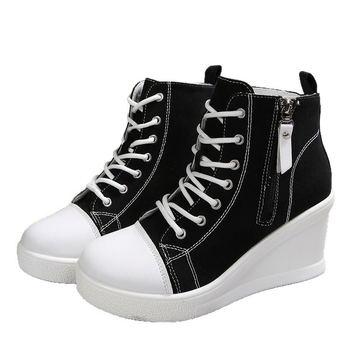 Pantofi dama din pânză cu toc în formă de wedge și înălțime deasupra gleznelor, respirabili, șireturi, vară, casual