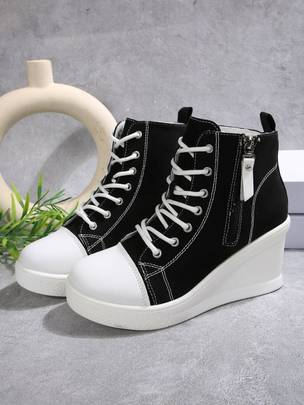 Pantofi dama din pânză cu toc în formă de wedge și înălțime deasupra gleznelor, respirabili, șireturi, vară, casual