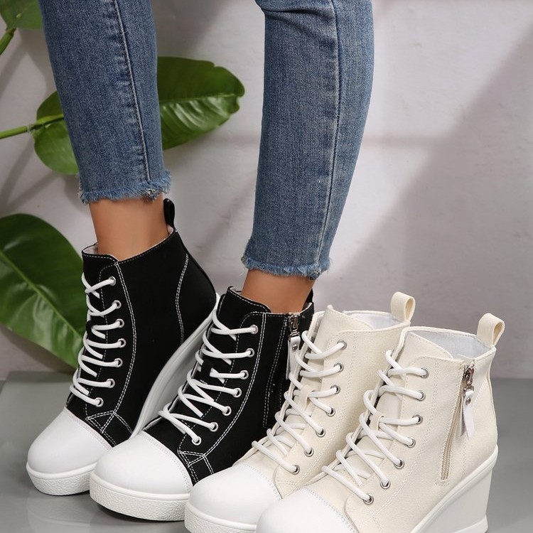 Pantofi dama din pânză cu toc în formă de wedge și înălțime deasupra gleznelor, respirabili, șireturi, vară, casual