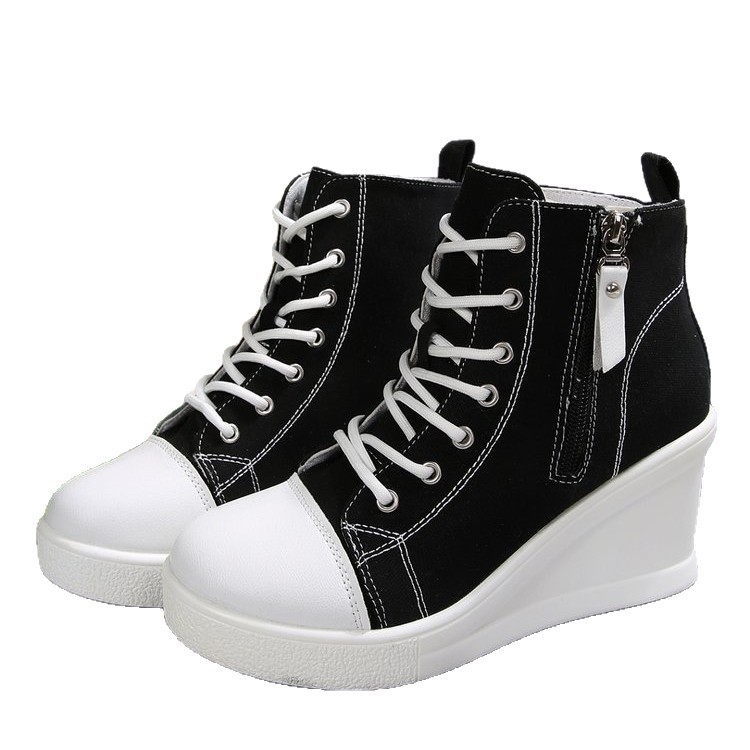 Pantofi dama din pânză cu toc în formă de wedge și înălțime deasupra gleznelor, respirabili, șireturi, vară, casual