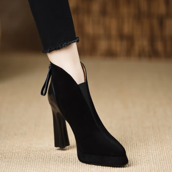 Ghete dama fashion 2025, platformă impermeabilă, creștere înălțime, vârf ascuțit, toc gros, fermoar dorsal, stil coreean.