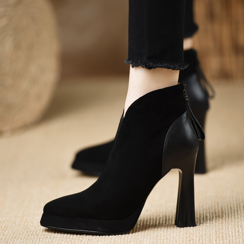 Ghete dama fashion 2025, platformă impermeabilă, creștere înălțime, vârf ascuțit, toc gros, fermoar dorsal, stil coreean.