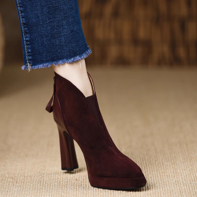 Ghete dama fashion 2025, platformă impermeabilă, creștere înălțime, vârf ascuțit, toc gros, fermoar dorsal, stil coreean.