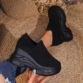 White Crane πλεκτά παπούτσια τύπου κάλτσα, πάνω μέρος με δίχτυ, PU σόλα, ριγέ σχέδιο, ύψος φτέρνας 0–1 εκ.