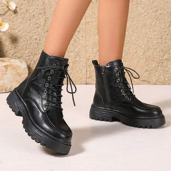 Női Martin csizma oldalsó cipzárral, brit stílus, középtok 3–5 cm, PU felső rész, gumírozott talp