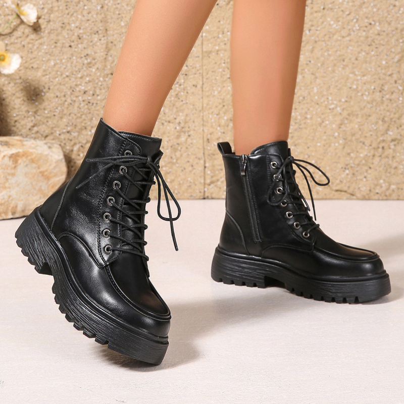 Γυναικείες μποτάκια Martin με πλευρικό φερμουάρ, βρετανικού στυλ, μεσαίο τακούνι 3–5 cm, PU επάνω μέρος, σόλα από καουτσούκ