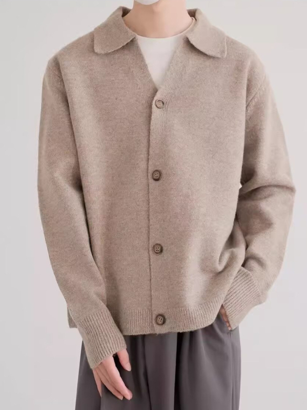 Cardigan tricotat pentru bărbați, deschidere frontală, croială lejeră, guler rever, mâneci lungi, poliester 70%, toamna 2025