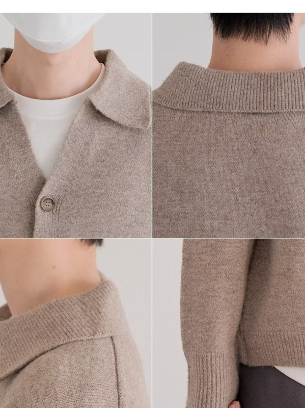 Cardigan tricotat pentru bărbați, deschidere frontală, croială lejeră, guler rever, mâneci lungi, poliester 70%, toamna 2025