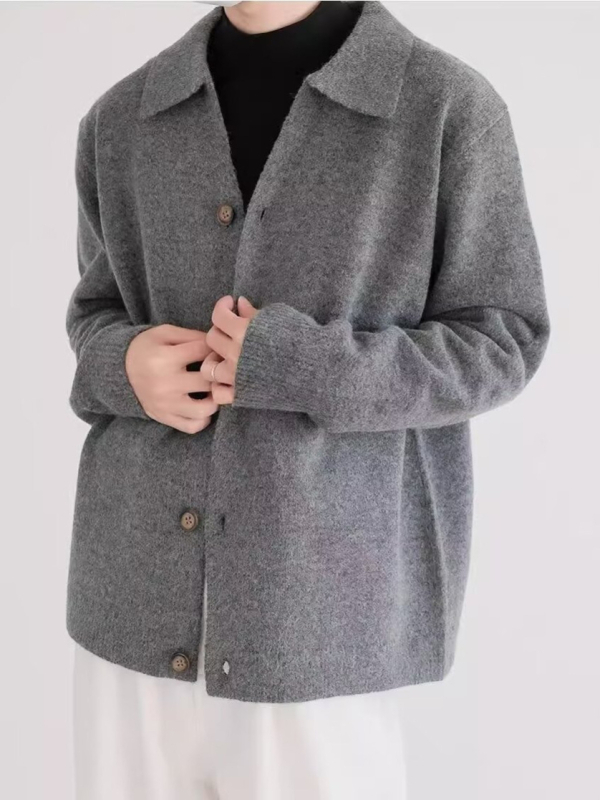 Cardigan tricotat pentru bărbați, deschidere frontală, croială lejeră, guler rever, mâneci lungi, poliester 70%, toamna 2025