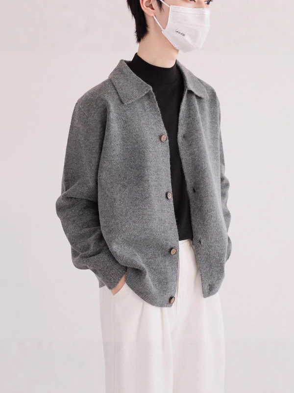 Cardigan tricotat pentru bărbați, deschidere frontală, croială lejeră, guler rever, mâneci lungi, poliester 70%, toamna 2025