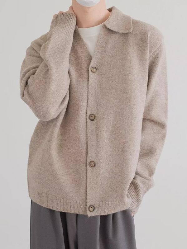 Cardigan tricotat pentru bărbați, deschidere frontală, croială lejeră, guler rever, mâneci lungi, poliester 70%, toamna 2025