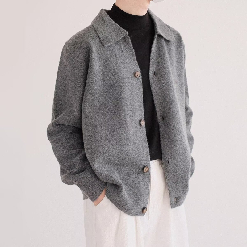 Cardigan tricotat pentru bărbați, deschidere frontală, croială lejeră, guler rever, mâneci lungi, poliester 70%, toamna 2025