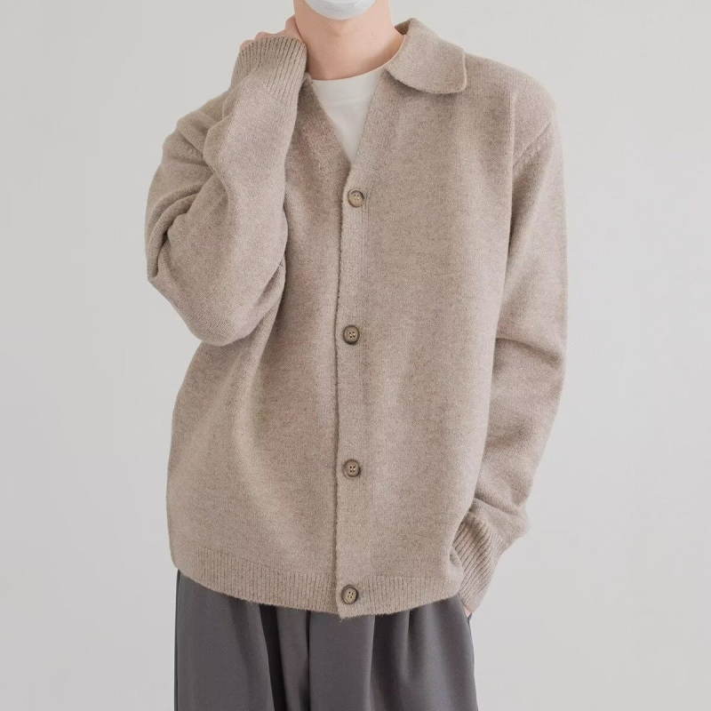 Cardigan tricotat pentru bărbați, deschidere frontală, croială lejeră, guler rever, mâneci lungi, poliester 70%, toamna 2025