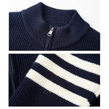 Плетен кардиган с жакардов модел на три ленти, стойка яка, дълги ръкави, полиестерна материя