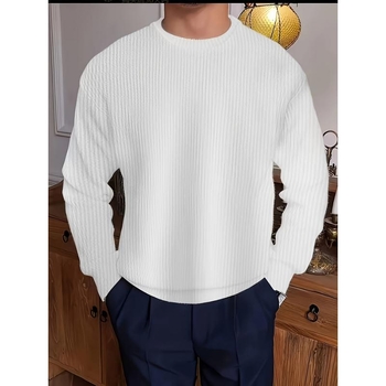 Pulover pentru bărbați din tricot cu textură rib, guler rotund, croială lejeră, 95% poliester / 5% spandex