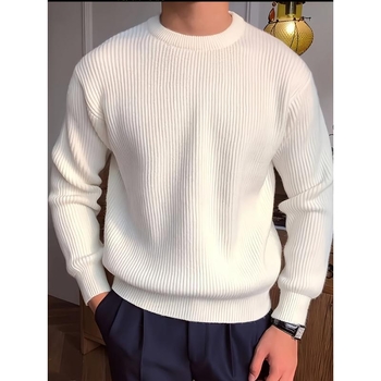 Мъжки пуловер с ребрена плетка, кръгла яка, свободен силует, удебелен трикотаж, 95% полиестер / 5% спандекс