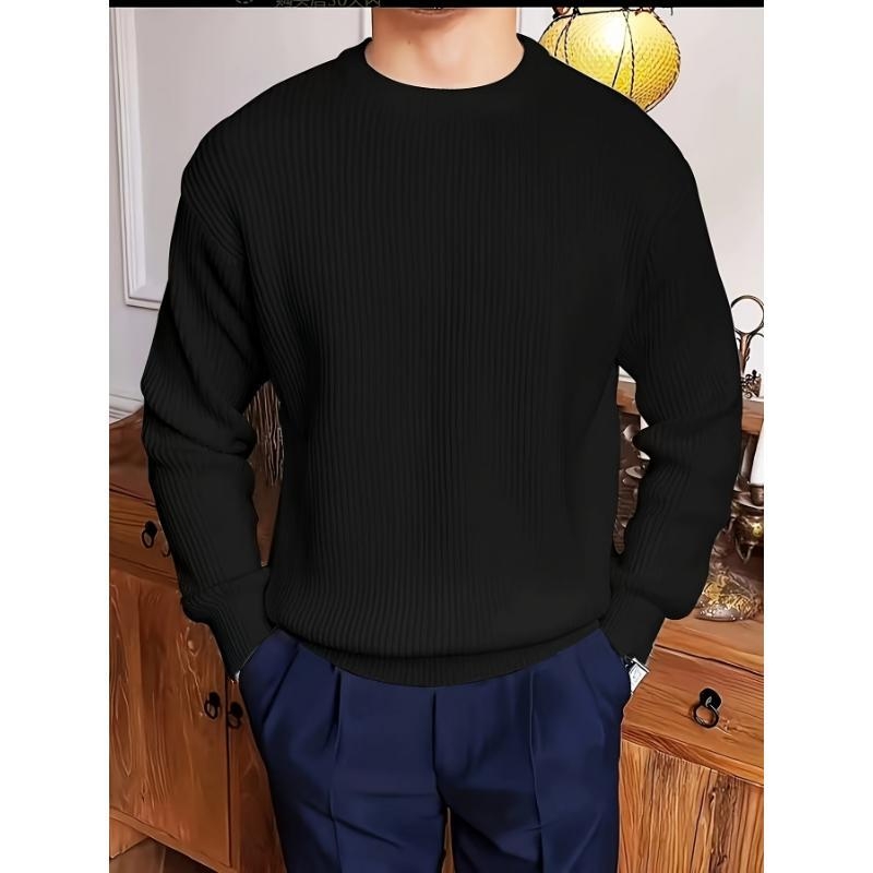 Pulover pentru bărbați din tricot cu textură rib, guler rotund, croială lejeră, 95% poliester / 5% spandex