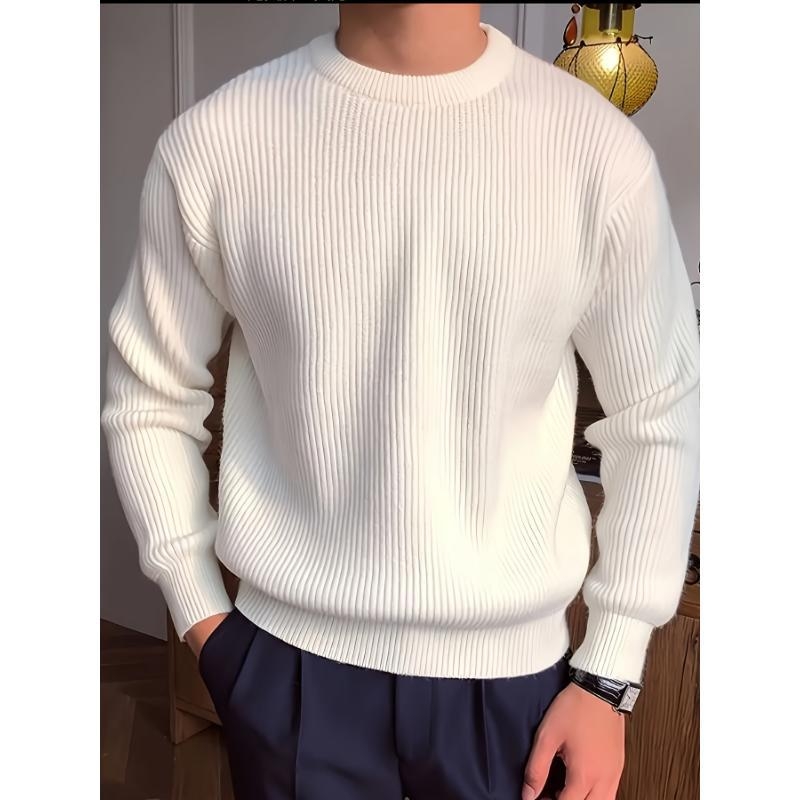 Pulover pentru bărbați din tricot cu textură rib, guler rotund, croială lejeră, 95% poliester / 5% spandex