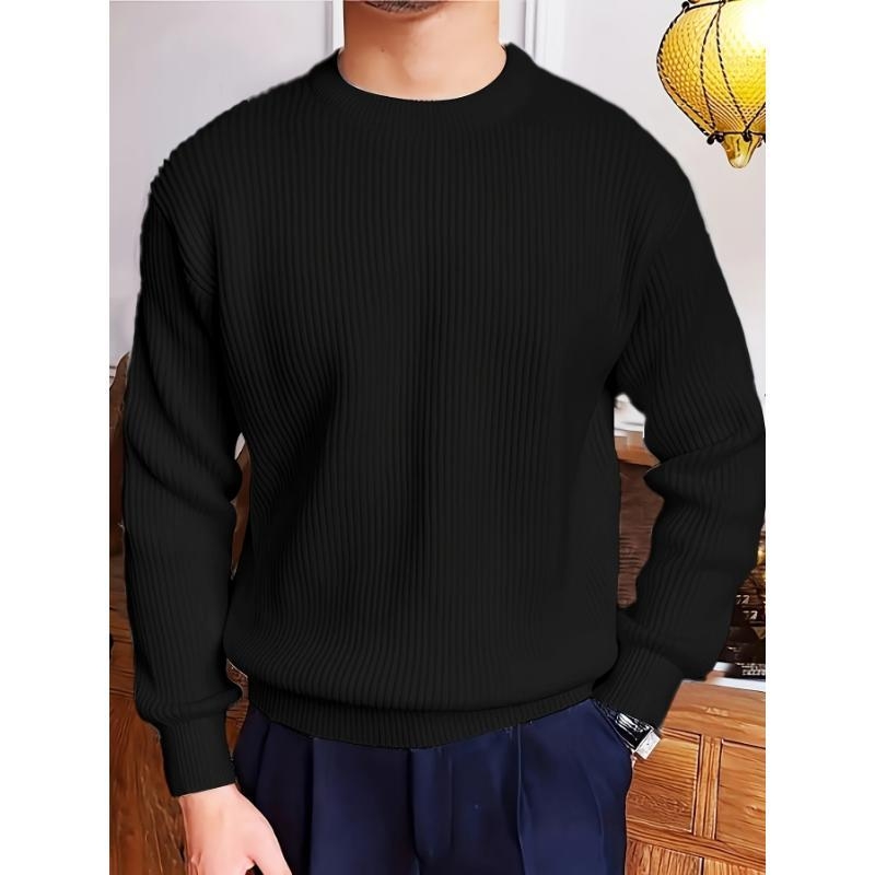 Pulover pentru bărbați din tricot cu textură rib, guler rotund, croială lejeră, 95% poliester / 5% spandex