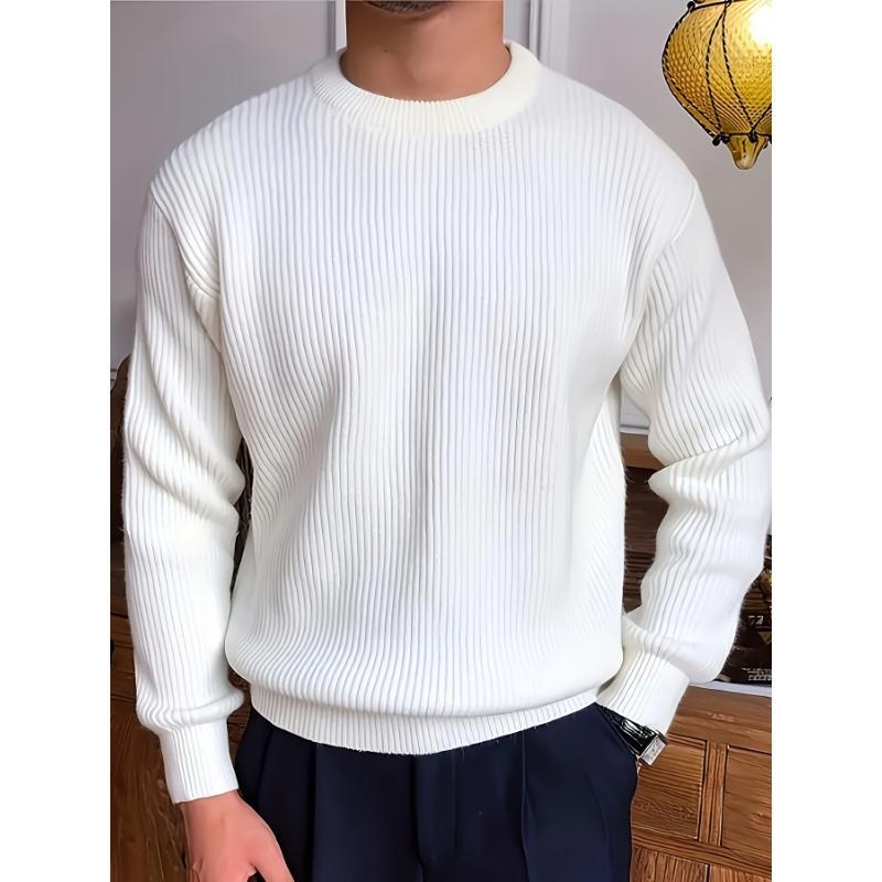 Pulover pentru bărbați din tricot cu textură rib, guler rotund, croială lejeră, 95% poliester / 5% spandex
