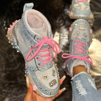 Pantofi sport dama din denim, înălțare în talpă, șireturi frontale, talpă din cauciuc, PU