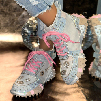 Pantofi sport dama din denim, înălțare în talpă, șireturi frontale, talpă din cauciuc, PU