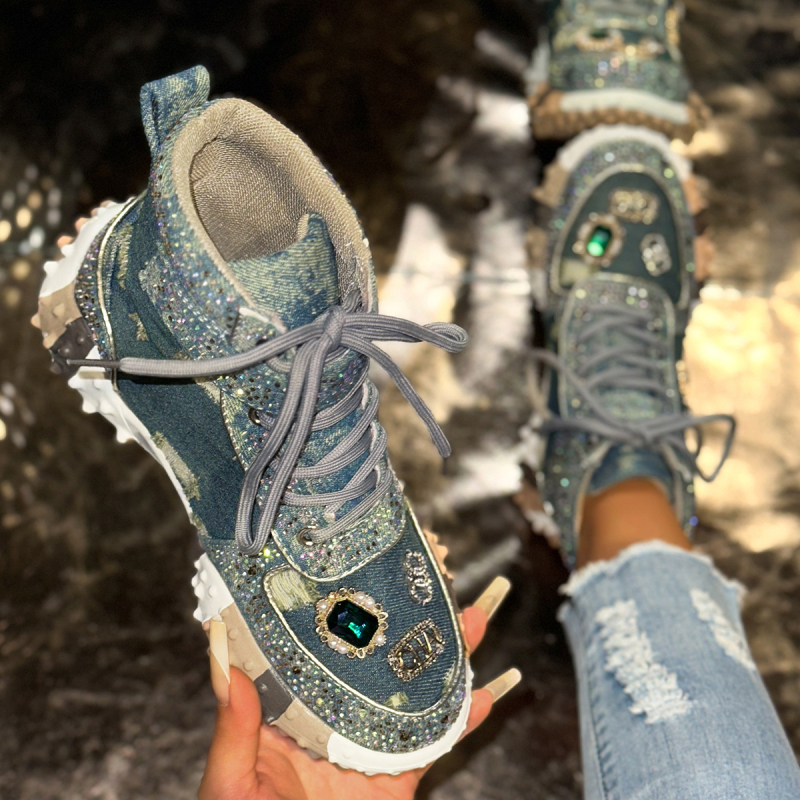 Pantofi sport dama din denim, înălțare în talpă, șireturi frontale, talpă din cauciuc, PU