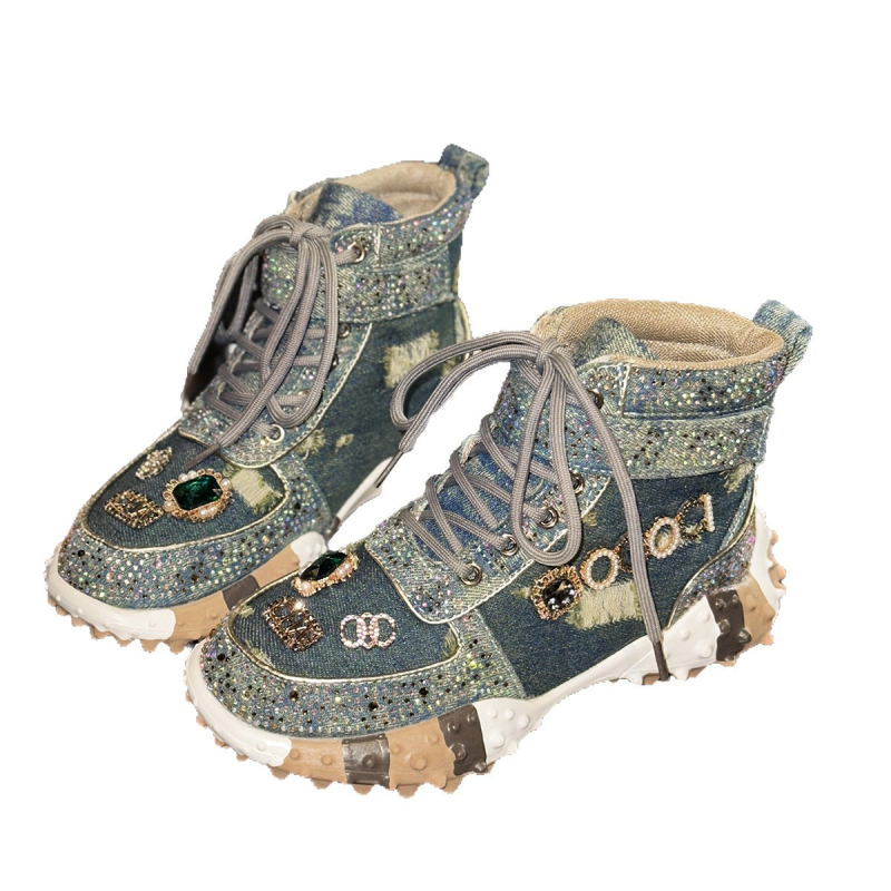 Pantofi sport dama din denim, înălțare în talpă, șireturi frontale, talpă din cauciuc, PU