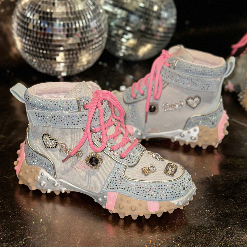 Pantofi sport dama din denim, înălțare în talpă, șireturi frontale, talpă din cauciuc, PU