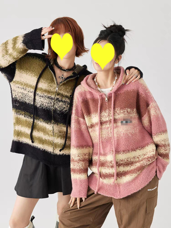 Cardigan cu glugă, logo patch și dungi contrastante, lână de alpacă, fermoar, țesătură groasă, croială lejeră