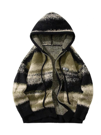 Cardigan cu glugă, logo patch și dungi contrastante, lână de alpacă, fermoar, țesătură groasă, croială lejeră