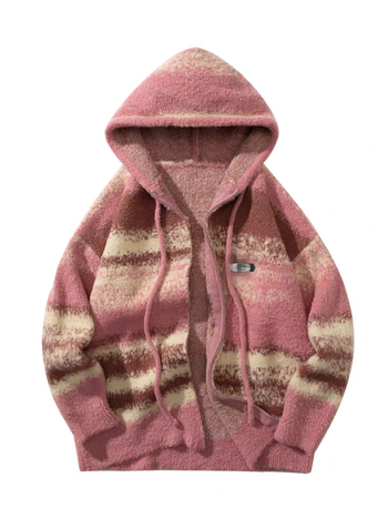 Cardigan cu glugă, logo patch și dungi contrastante, lână de alpacă, fermoar, țesătură groasă, croială lejeră