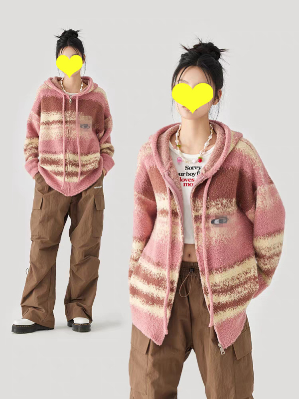 Cardigan cu glugă, logo patch și dungi contrastante, lână de alpacă, fermoar, țesătură groasă, croială lejeră