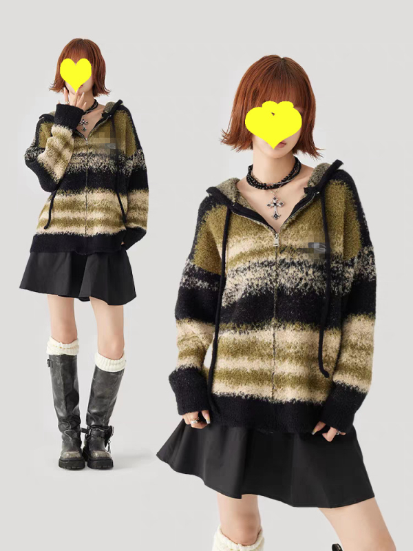 Cardigan cu glugă, logo patch și dungi contrastante, lână de alpacă, fermoar, țesătură groasă, croială lejeră