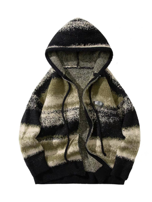 Cardigan cu glugă, logo patch și dungi contrastante, lână de alpacă, fermoar, țesătură groasă, croială lejeră