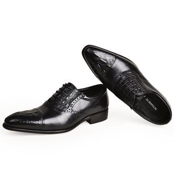 Vyriniai formalūs odiniai batai su smailiu nosimi, krokodilo raštas, viršus iš pirmosios karvės odos, gumos padas, raišteliai