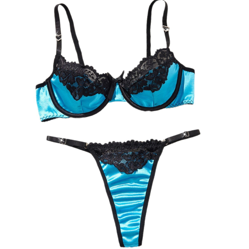 Σετ δαντελένιων εσωρούχων με στρινγκ τύπου T-back, πολυεστέρας, για γυναίκες, γλυκό γοητευτικό στυλ, τριών σημείων στυλ