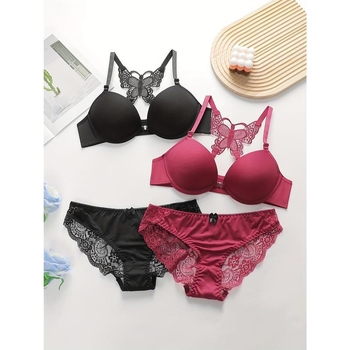 Σετ σουτιέν με δαντέλα, μπροστινό κλείσιμο με κουμπιά, push-up, cups τύπου Rabbit Ear