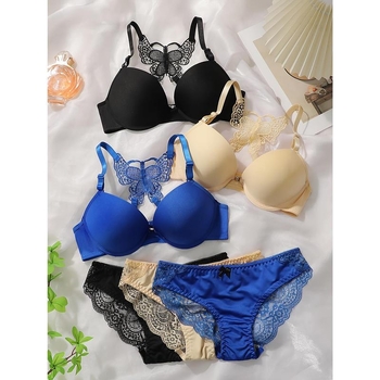 Σετ σουτιέν με δαντέλα, μπροστινό κλείσιμο με κουμπιά, push-up, cups τύπου Rabbit Ear