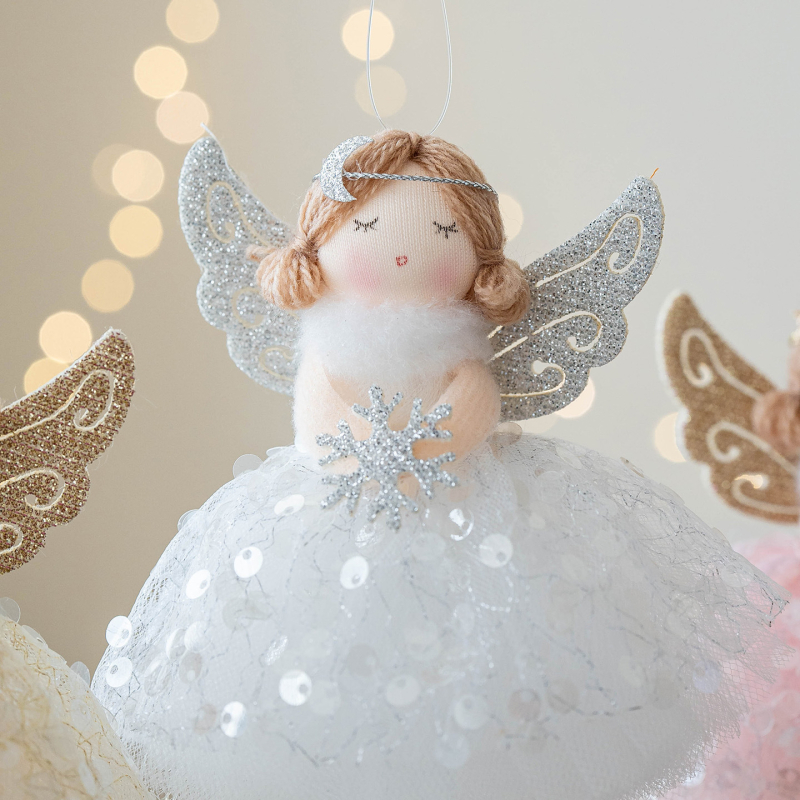 Χριστουγεννιάτικο κρεμαστό Αγγελάκι Κοριτσάκι με φτερά από δίχτυ, υφασμάτινο υλικό, Huiyin, μοντέρνο μινιμαλιστικό στυλ