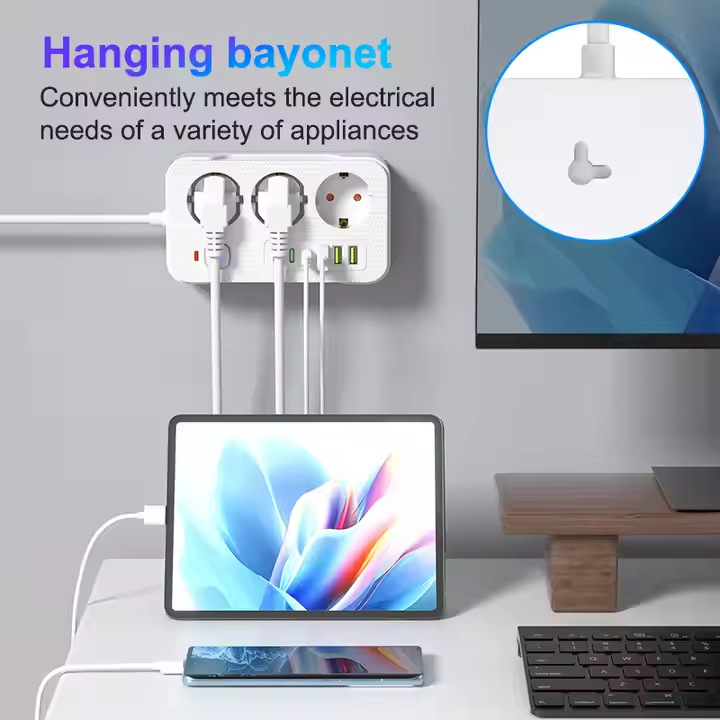 Europos standarto daugiafunkcinis lizdas su 3 USB ir Type-C, 100–250V, 10–16A, 2500W